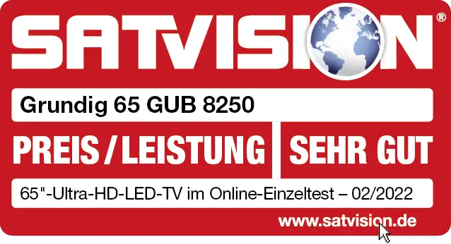 SATVISION-Testsiegel: Grundig 65 GUB 8250 - Preis/Leistung Sehr Gut - 65“-Ultra-HD-LED-TV im Online-Einzeltest – 02/2022